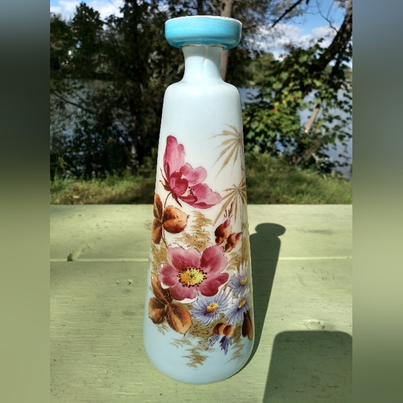 Vintage Other - Tall Bluish White Vase with Flower Decoration around it; Marked with X on Bottom